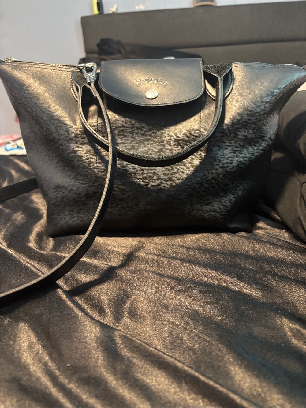 Longchamp Black Leather Shoulder Tote with Top Handle